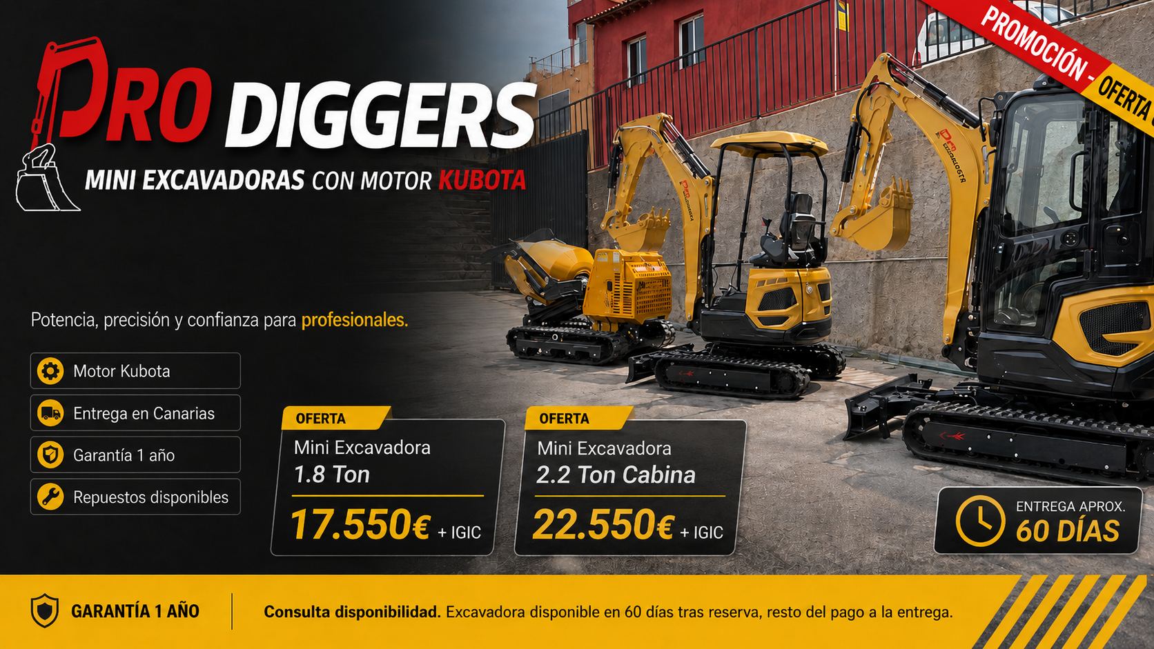 Pro Diggers mini excavadoras con motor Kubota: modelos de 1,8 toneladas y 2,2 toneladas con cabina